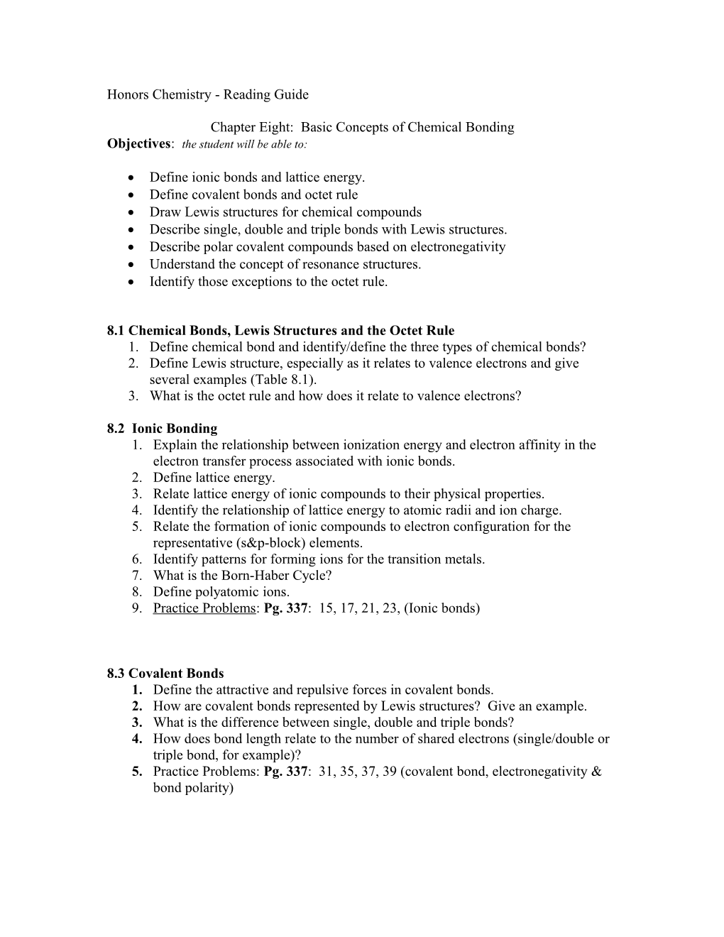 Honors Chemistry - Reading Guide