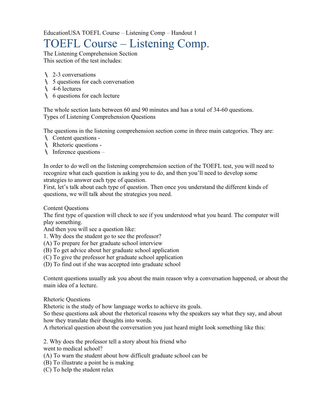 Educationusa TOEFL Course Listening Comp Handout 1