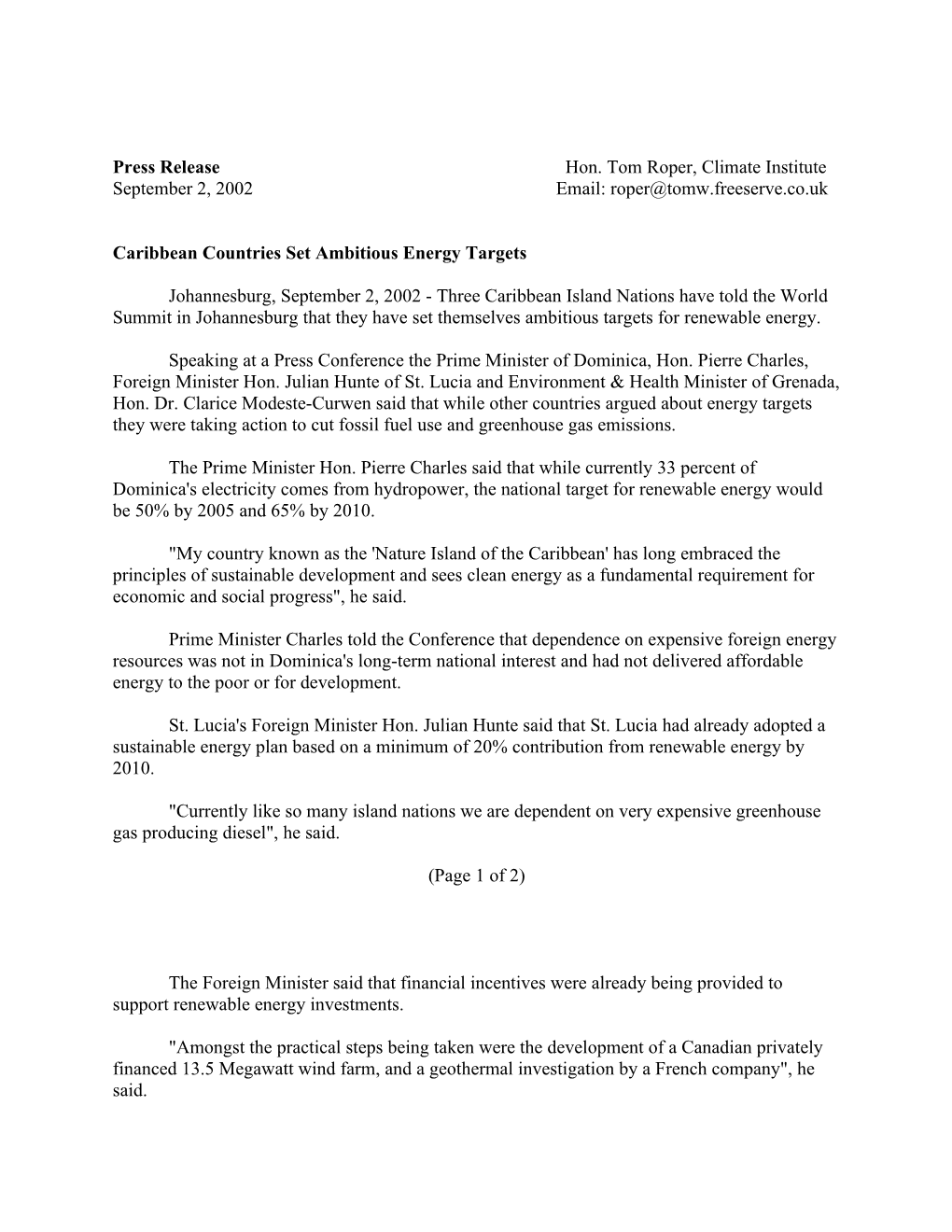 Press Release Hon. Tom Roper, Climate Institute