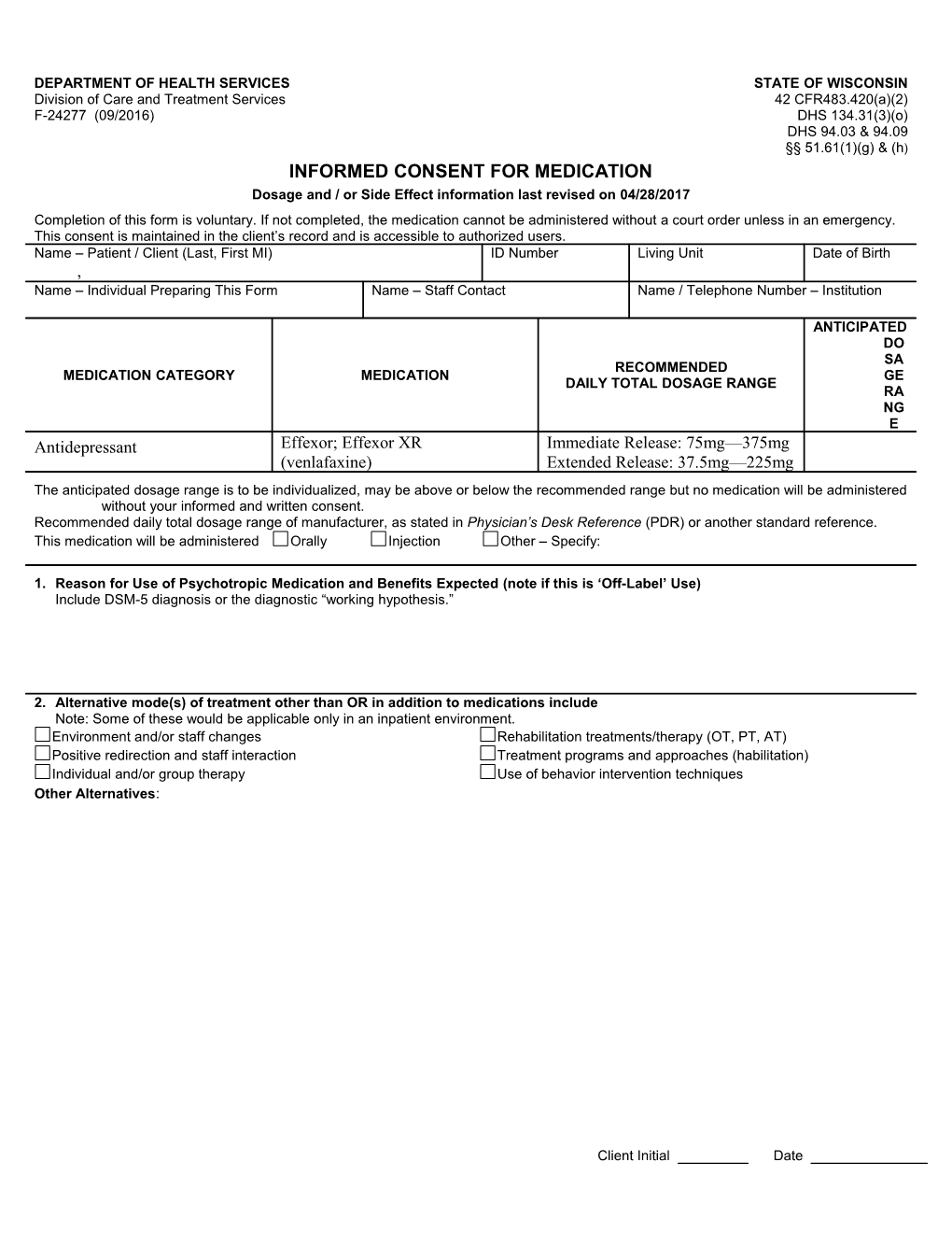 Informed Consent for Medication, Effexor