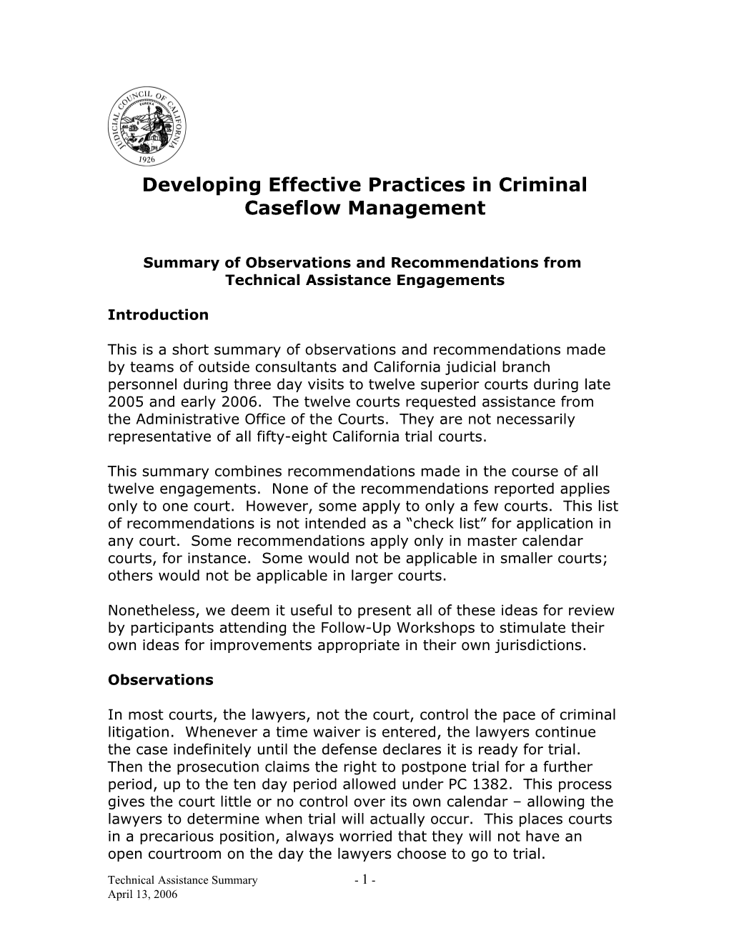 Developing Effective Practices in Criminal Caseflow Management