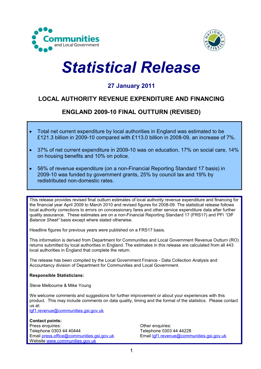 Local Authority Revenue Expenditure and Financing