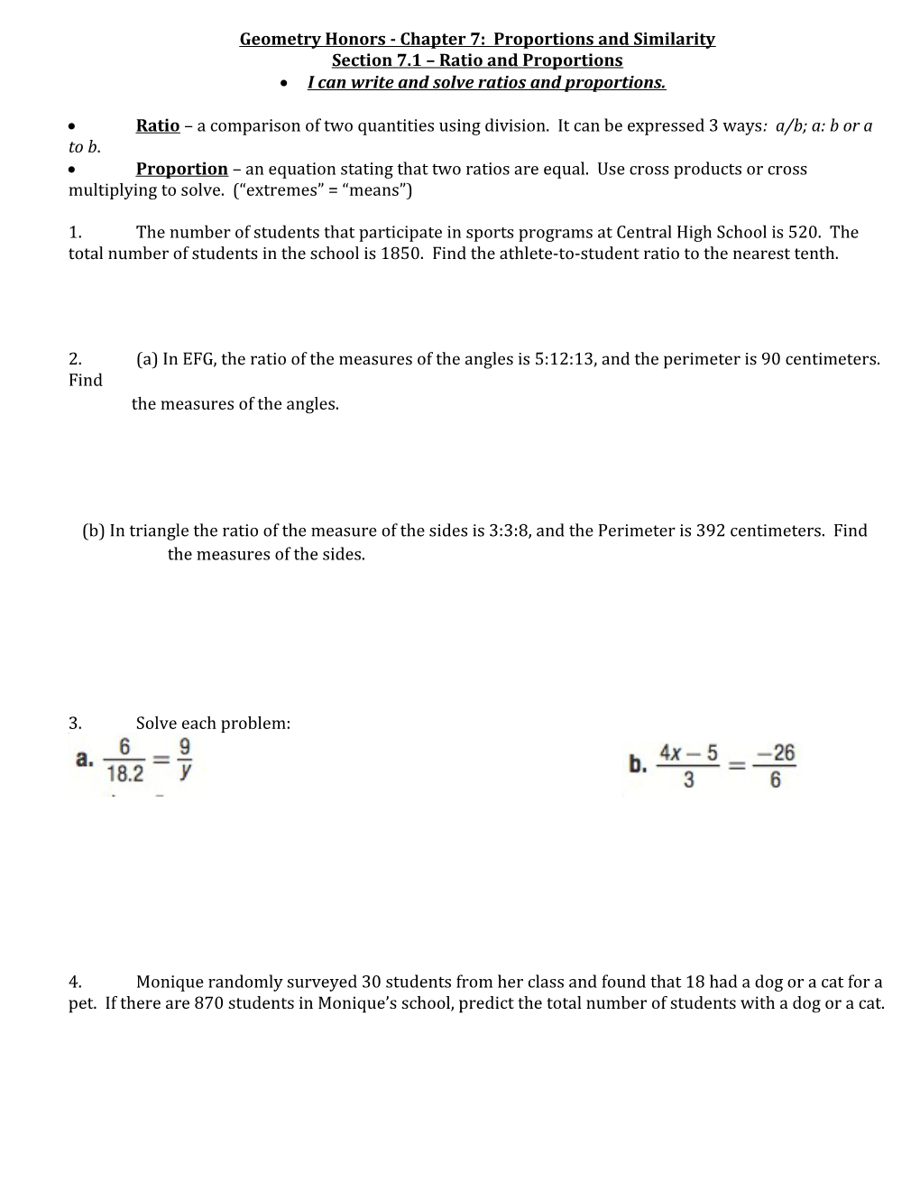 Geometry Honors - Chapter 7: Proportions and Similarity