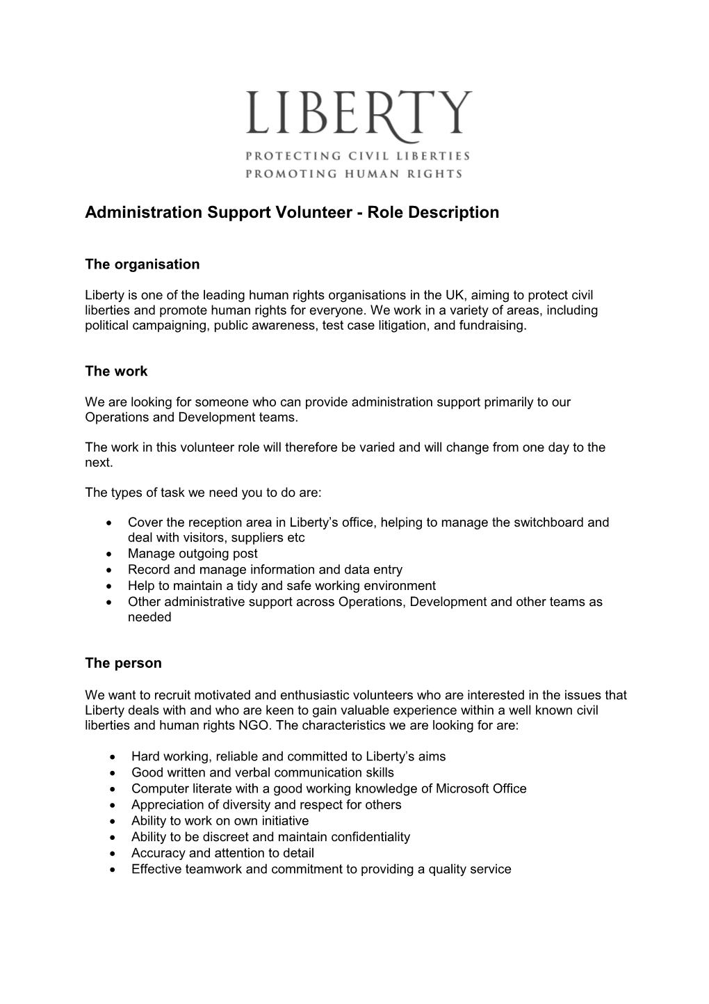 Administrative Volunteer Job Description