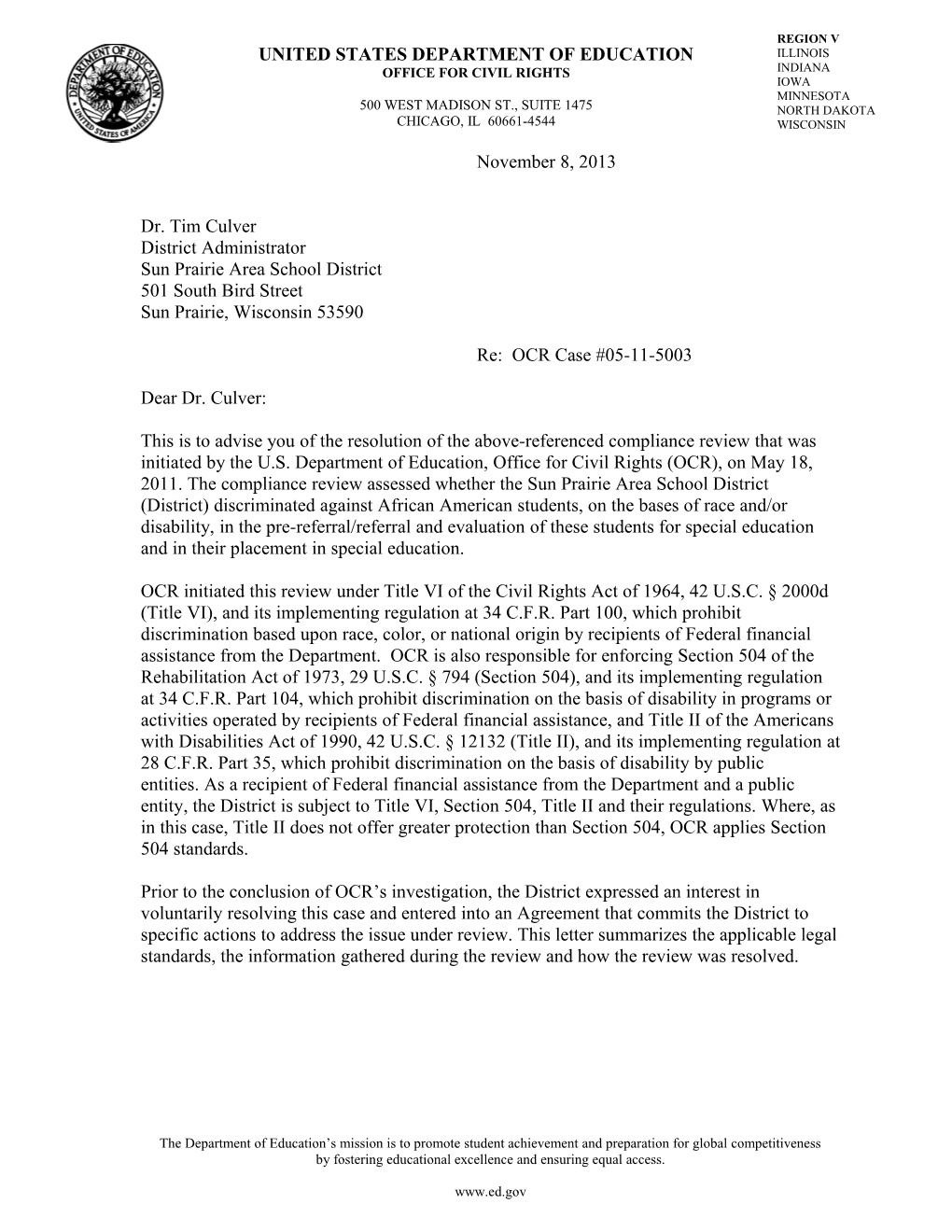 Resolution Letter to Sun Prairie School District, Wisconsin: Compliance Review #05-11-5003