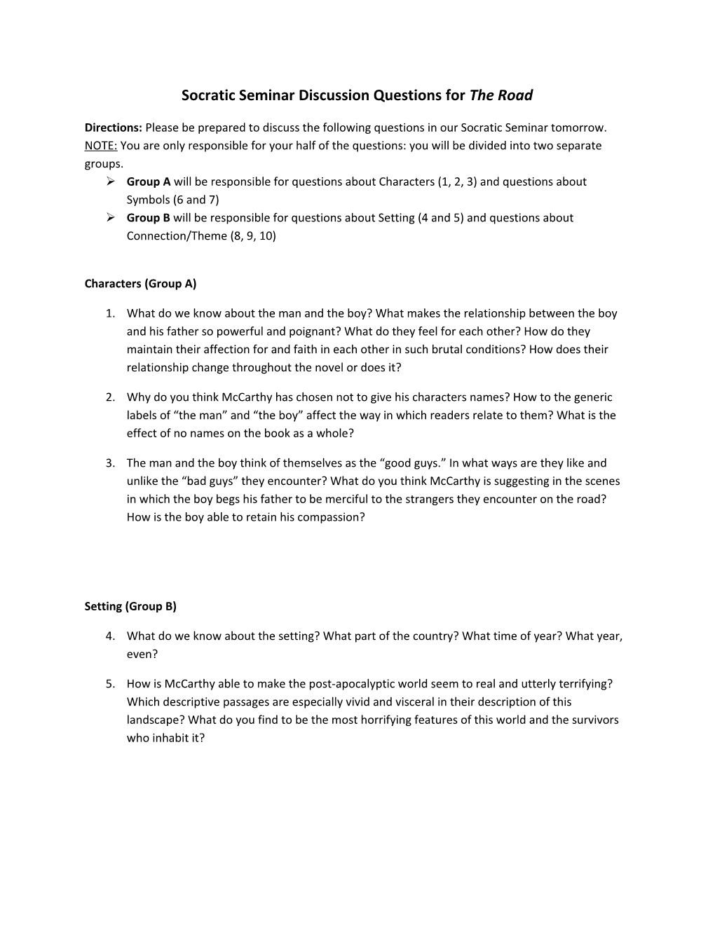 Socratic Seminar Discussion Questions for the Road