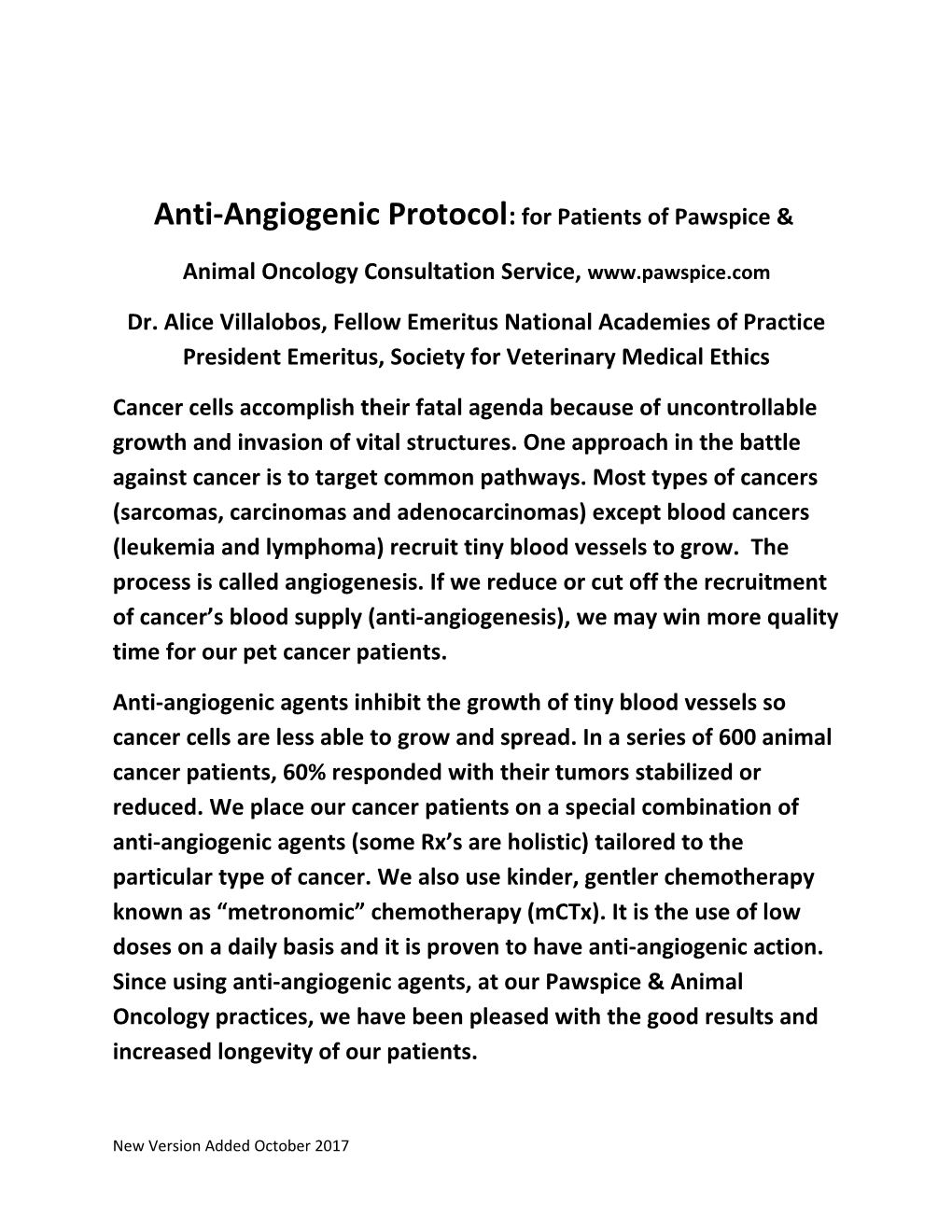 Anti-Angiogenic Protocol: for Patients of Pawspice &