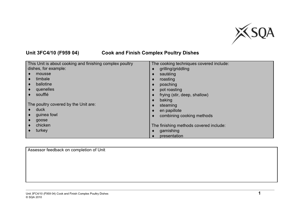Unit 3FC4/10 (F959 04) Cook and Finish Complex Poultry Dishes