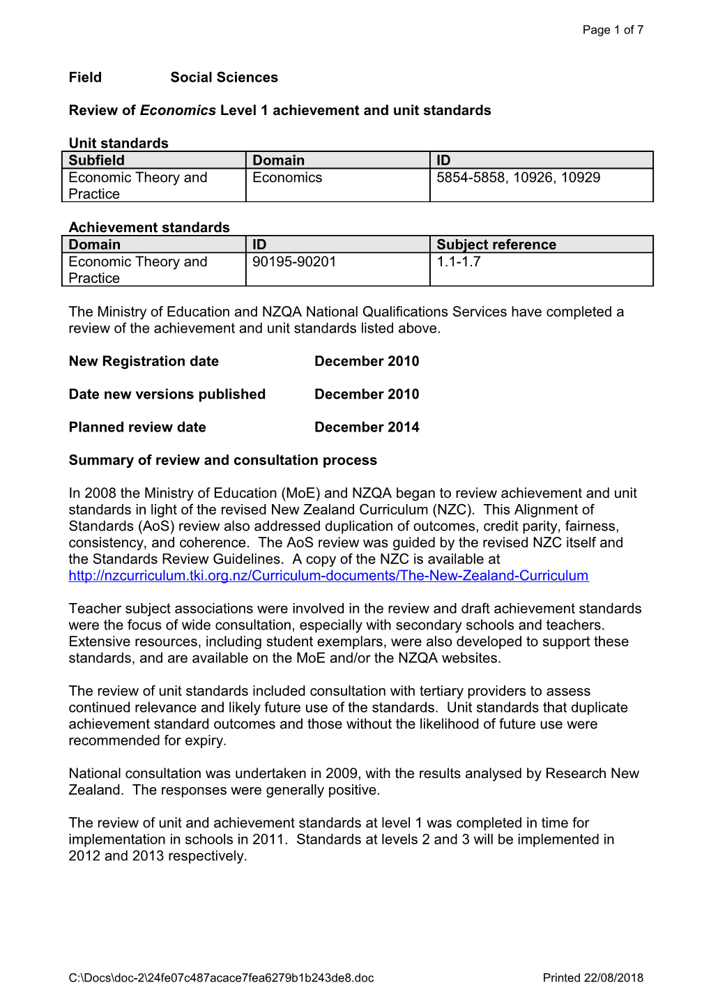 Review of Economics Level 1 Achievement and Unit Standards