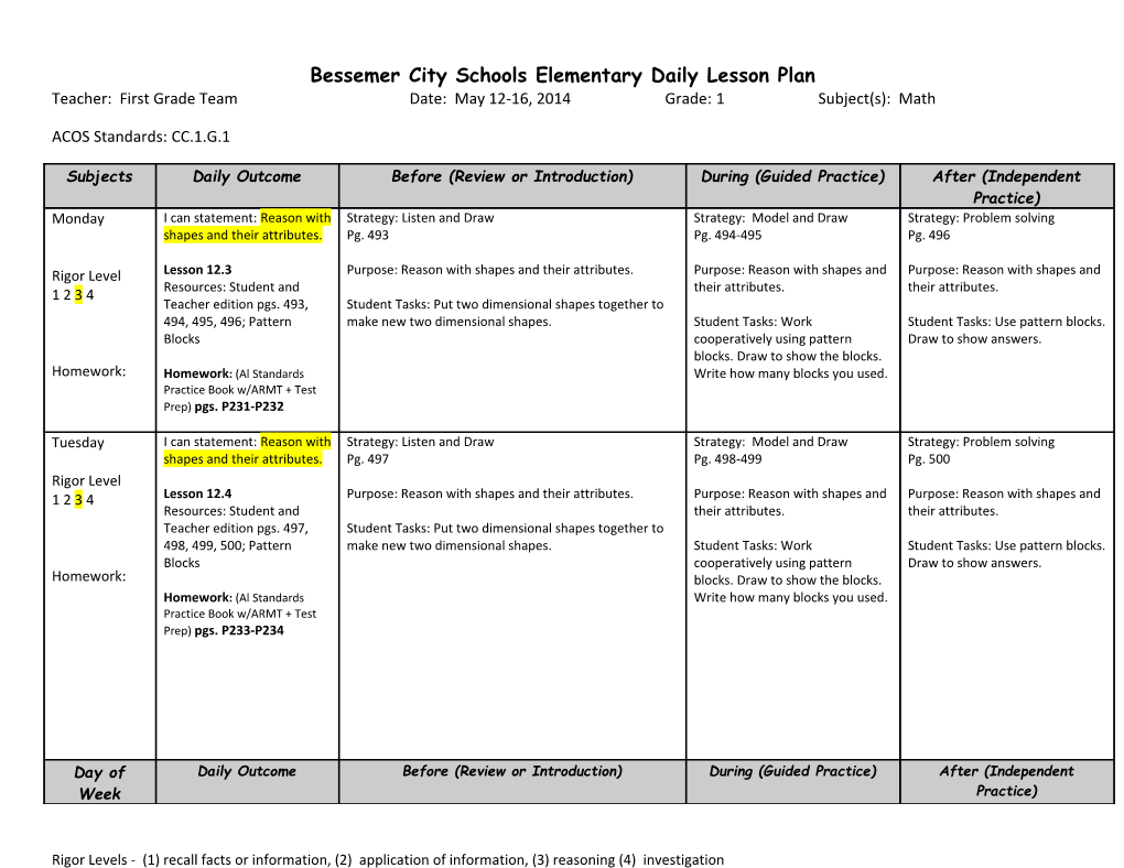 Bessemer City Schools Elementary Daily Lesson Plan