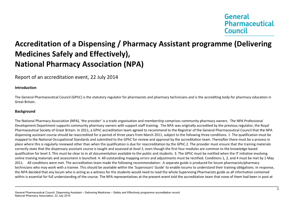 Accreditation of a Dispensing /Pharmacy Assistant Programme (Delivering Medicines Safely
