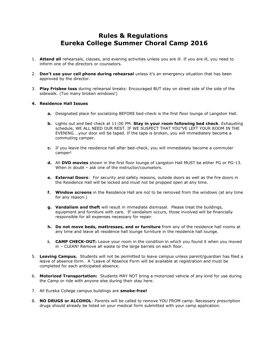 Peoria Area Civic Chorale Summer Choral Camp Rules & Regulations / Summer 2006