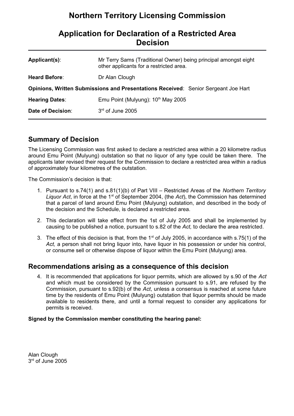 Emu Point (Mulyung) Outstation Restricted Area VIII