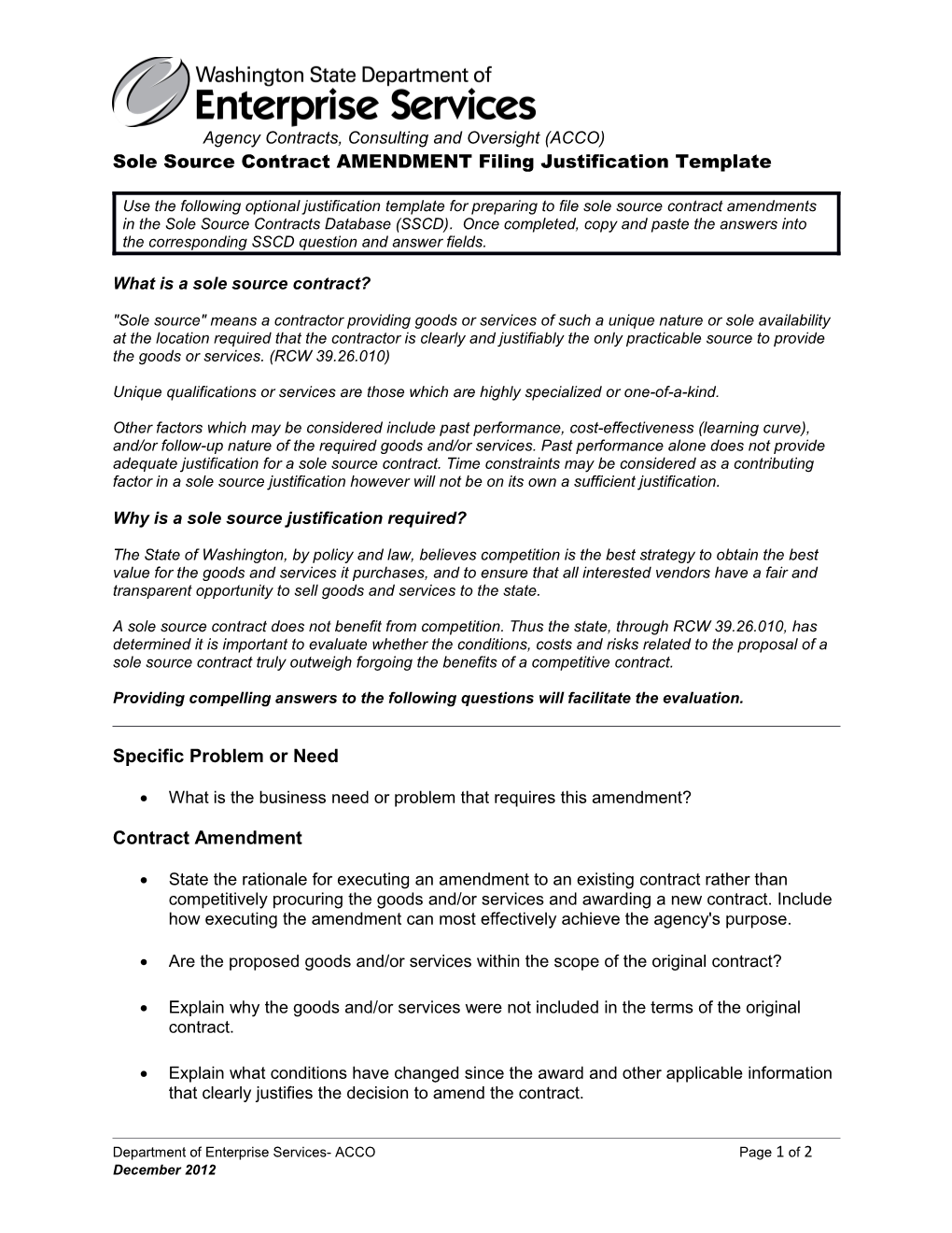 Sole Source Contract AMENDMENT Filing Justification Template