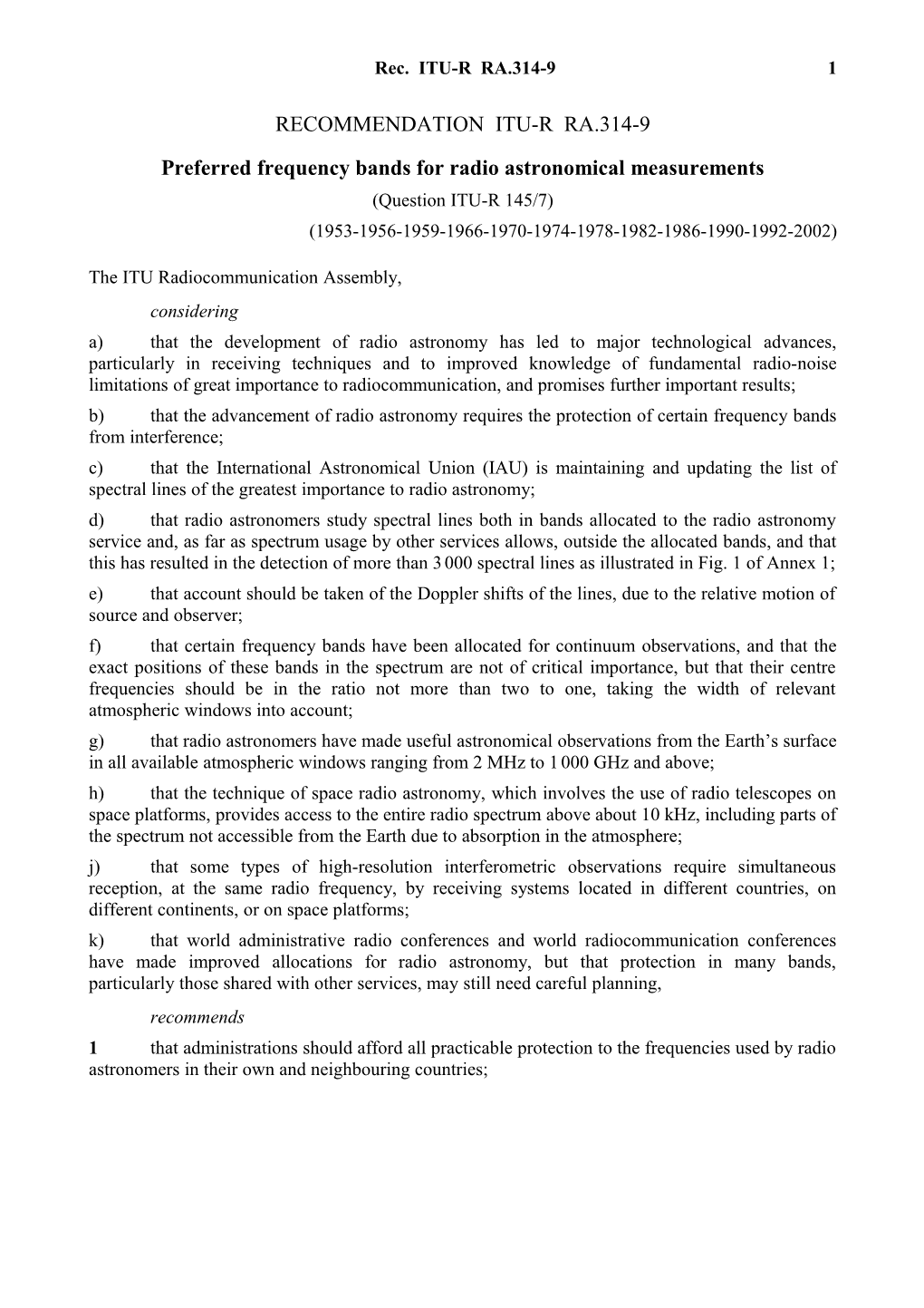 RECOMMENDATION ITU-R RA.314-9 - Preferred Frequency Bands for Radio Astronomical Measurements