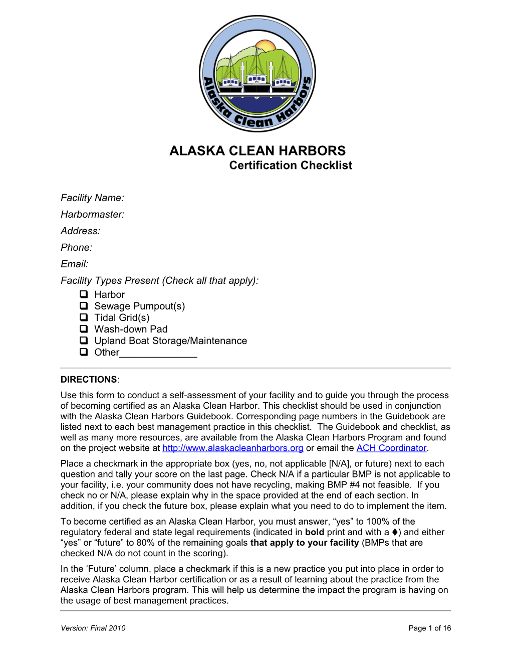 Alaska Clean Harbors Award Checklist