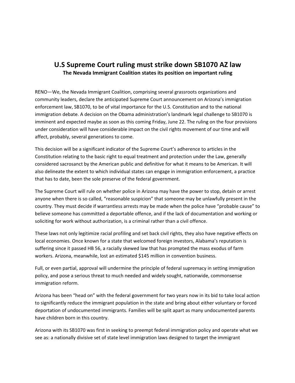 U.S Supreme Court Ruling Must Strike Down SB1070 AZ Law