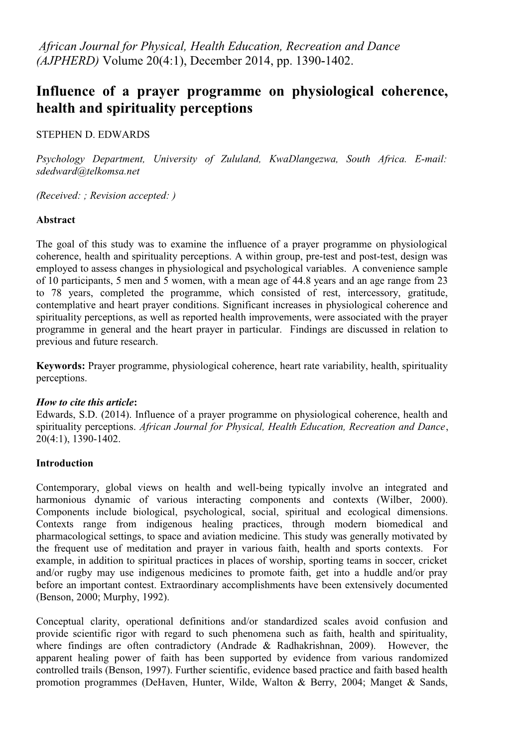 Influence of a Prayer Programme on Physiological Coherence, Health and Spirituality Perceptions