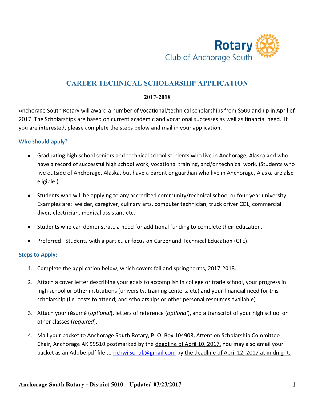 Career Technical Scholarship Application