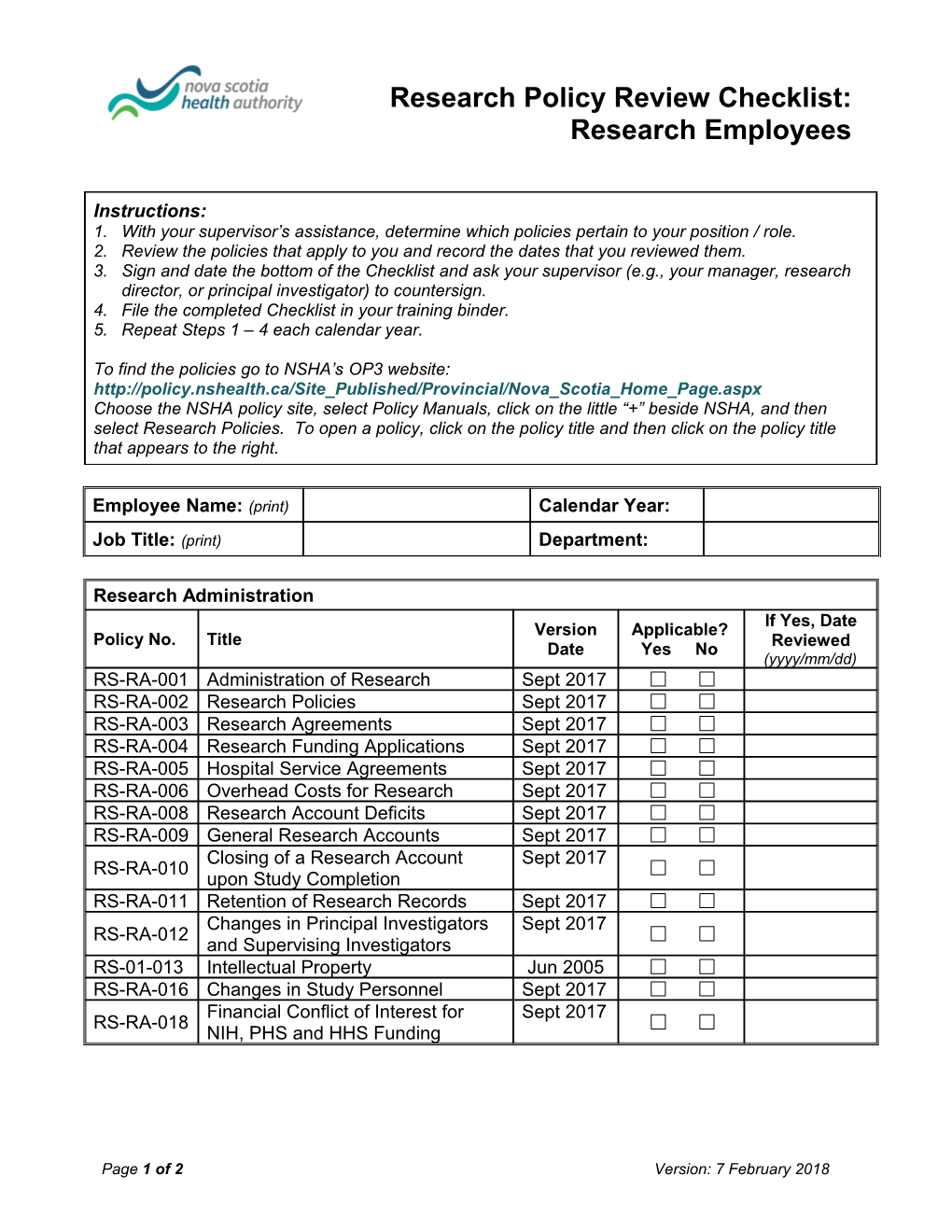 Research Policy Review Checklist: Research Employees