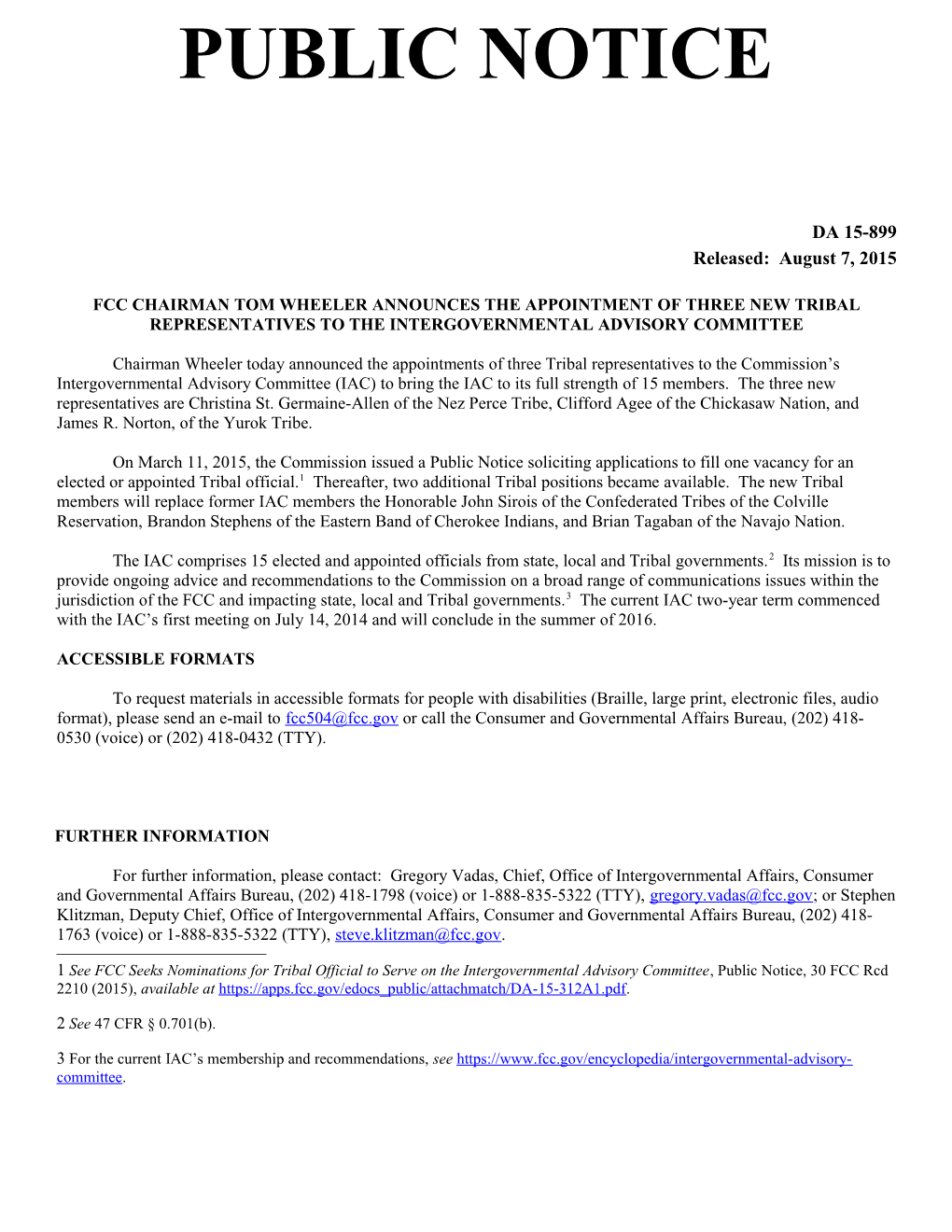 Fcc Chairman Tom Wheeler Announces the Appointment of Three New Tribal Representatives