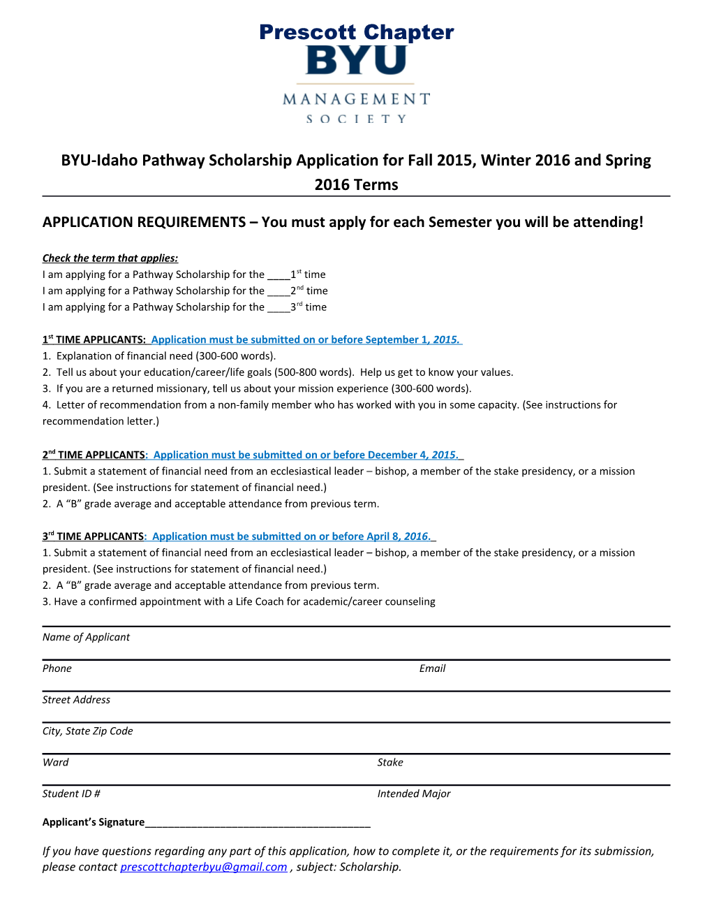 BYU-Idaho Pathway Scholarship Application for Fall 2015, Winter 2016 and Spring 2016 Terms