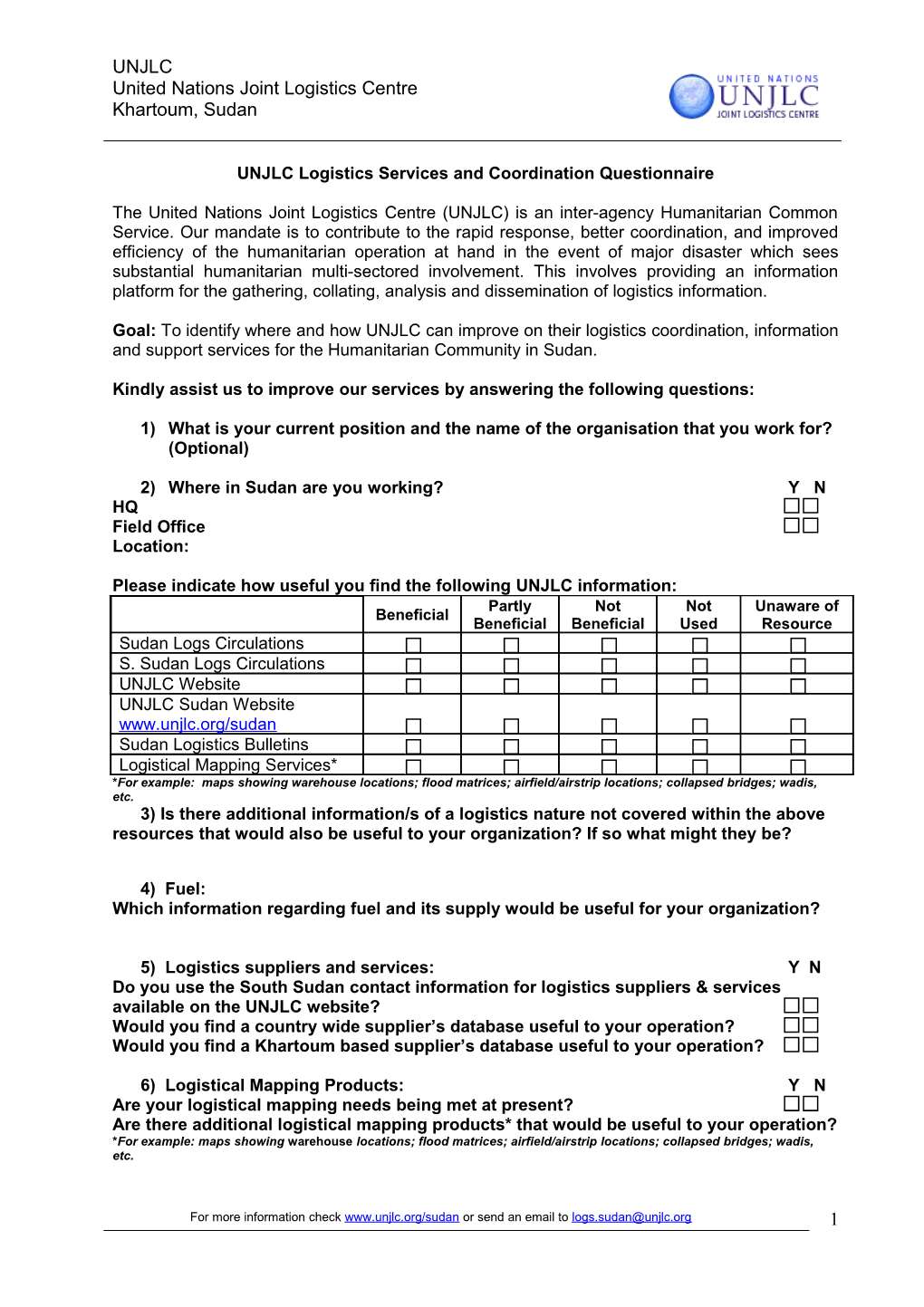 UNJLC Logistics Services and Coordination Questionnaire