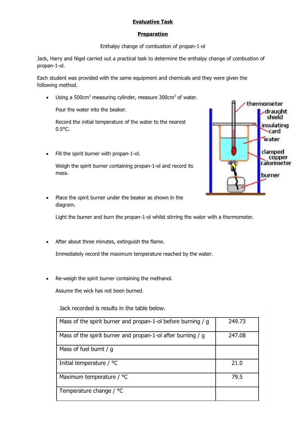 Enthalpy Change of Combustion of Propan-1-Ol