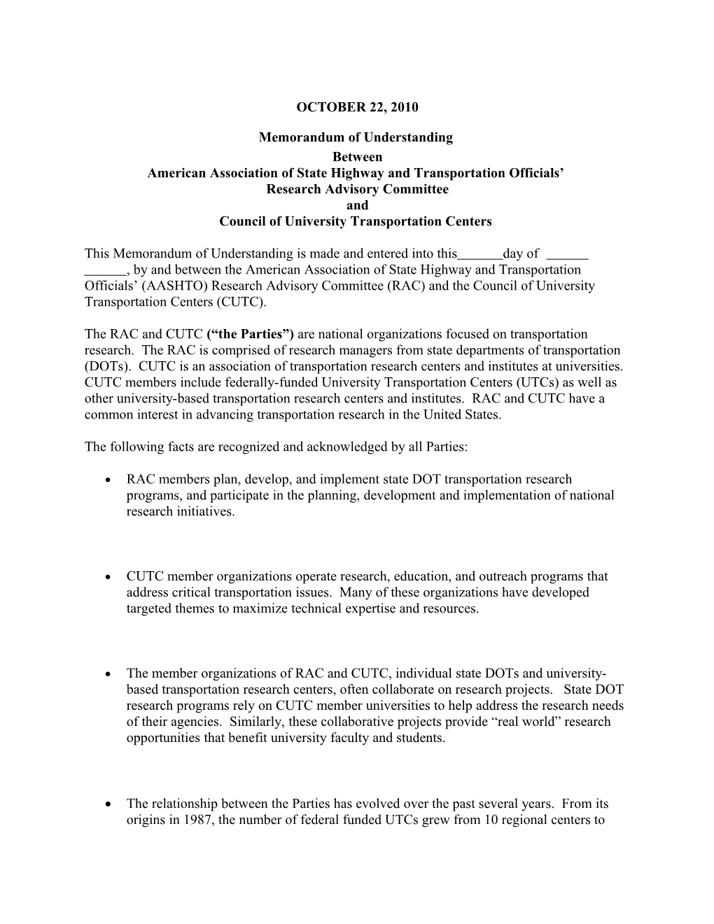 RCLG Memorandum of Understanding: October 22, 2010