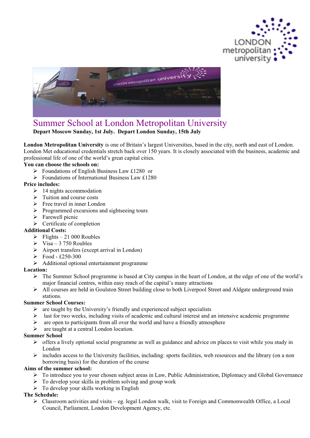 Summer School at London Metropolitan University