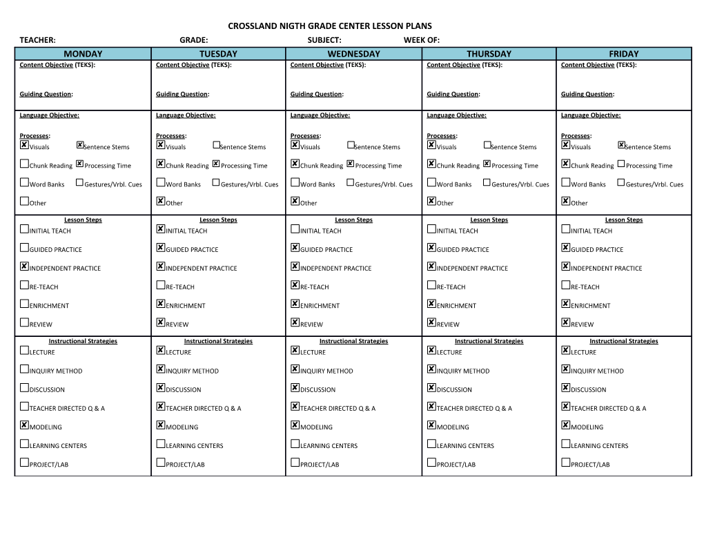 Crossland Nigth Grade Center Lesson Plans