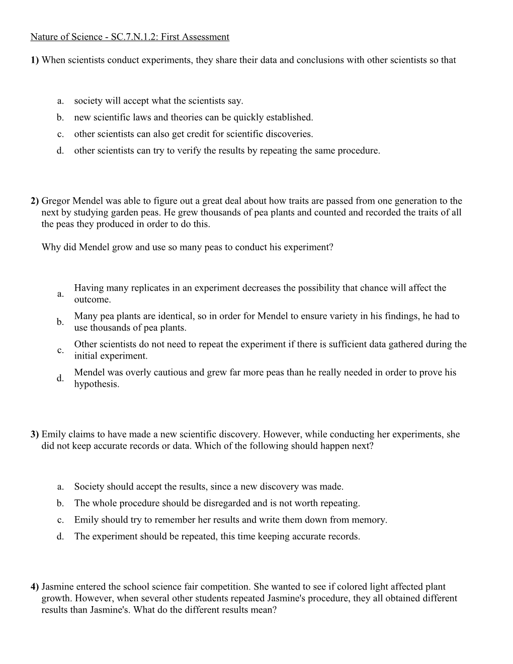 Nature of Science - SC.7.N.1.2: First Assessment