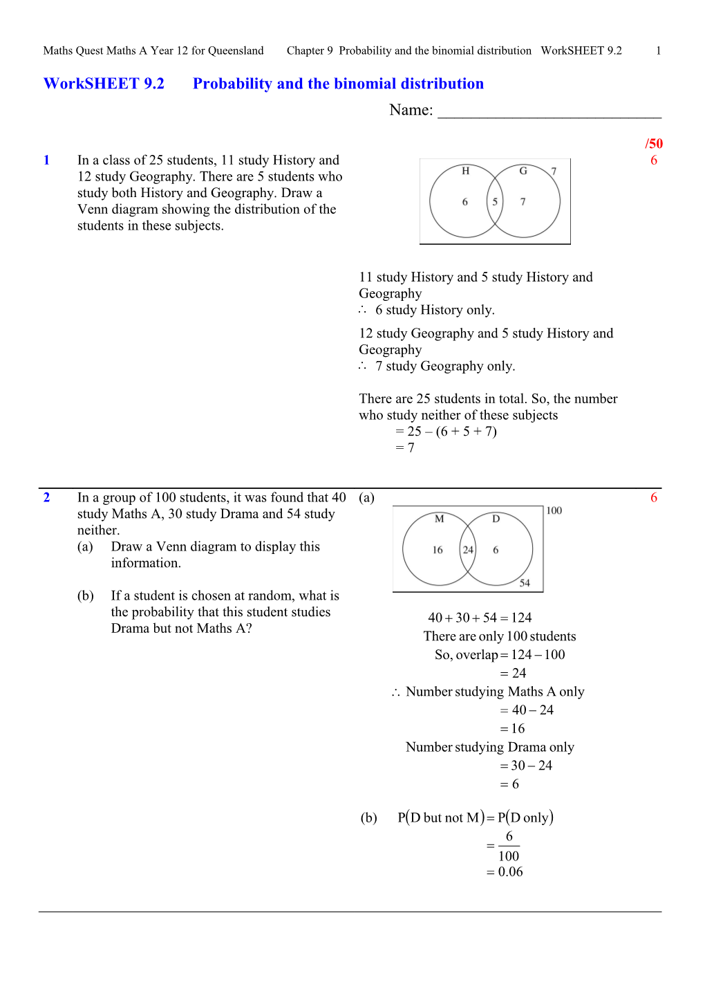 Worksheet 9.2 Probability and the Binomial Distribution