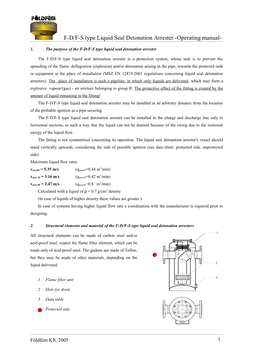 1. the Purpose of the F-D/F-S Type Liquid Seal Detonation Arrester