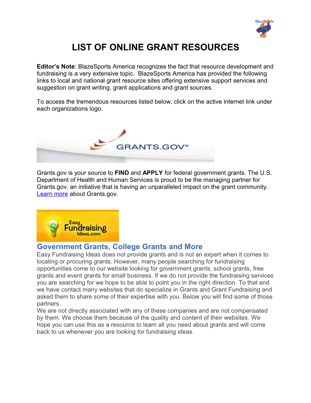 List of Online Grant Resources