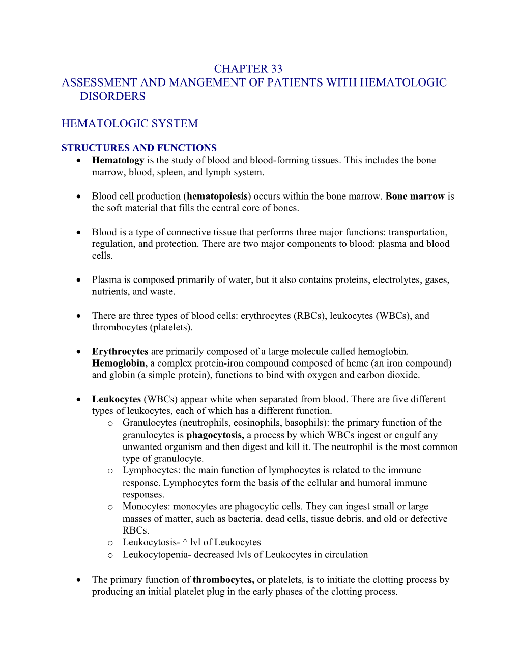 Assessment and Mangement of Patients with Hematologic Disorders