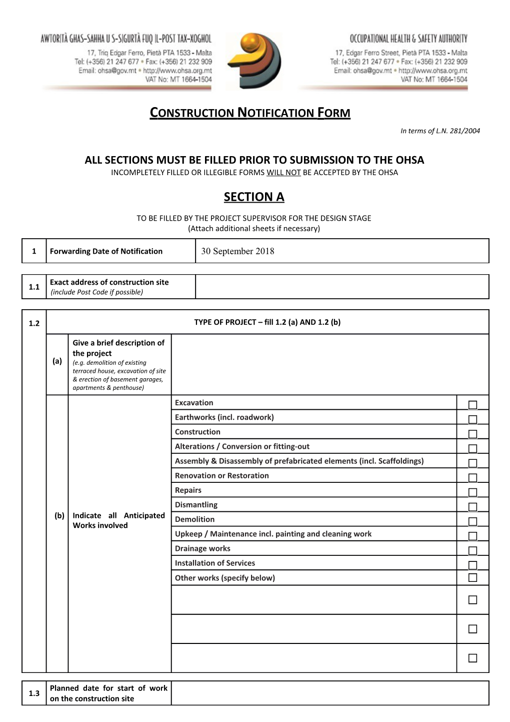 All Sections Must Be Filled Prior to Submission to the Ohsa