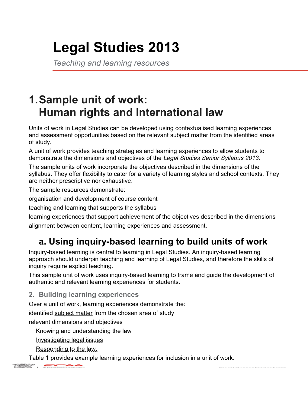 Legal Studies (2013) Teaching and Learning Resources: Sample Unit of Work - Human Rights