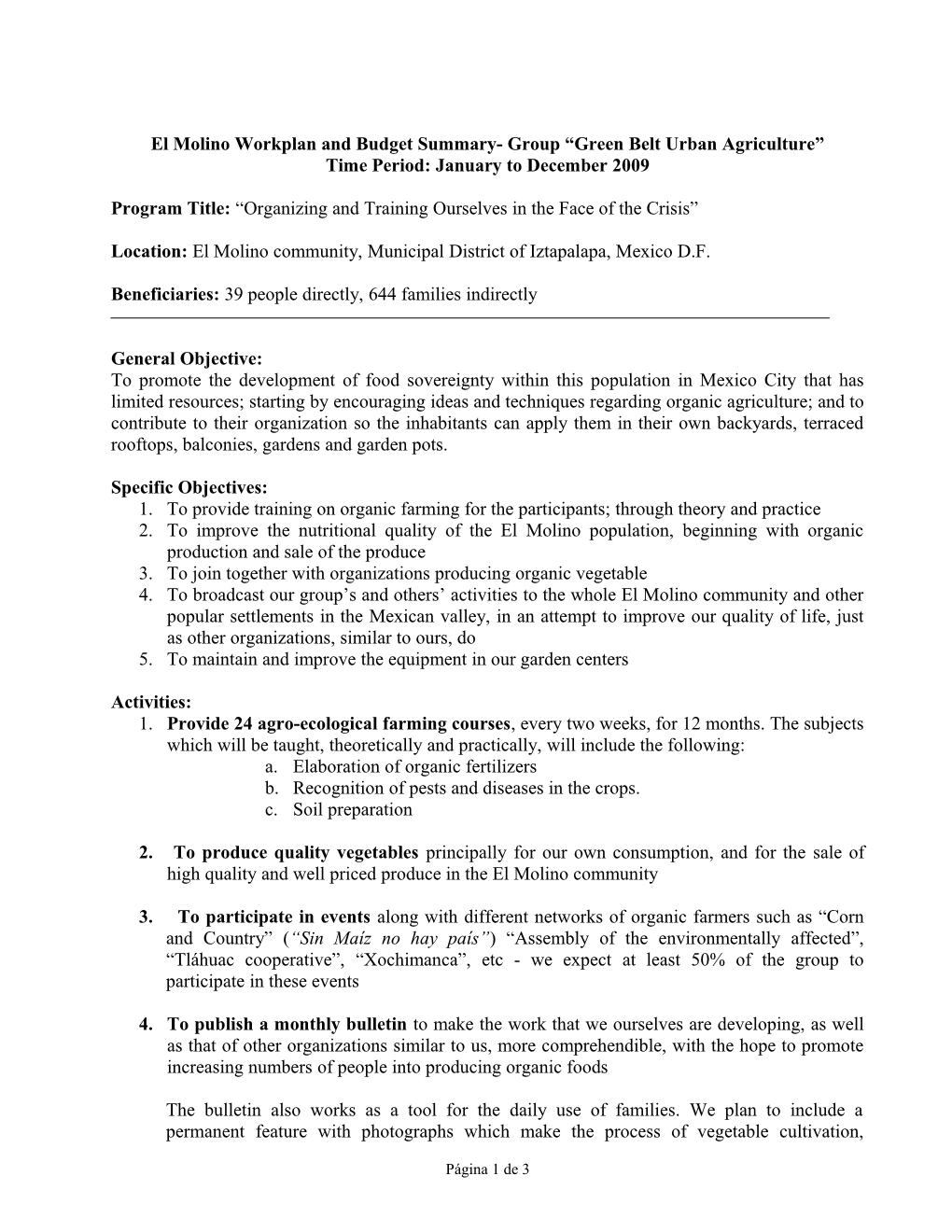 El Molino Workplan and Budget Summary- Group Green Belt Urban Agriculture