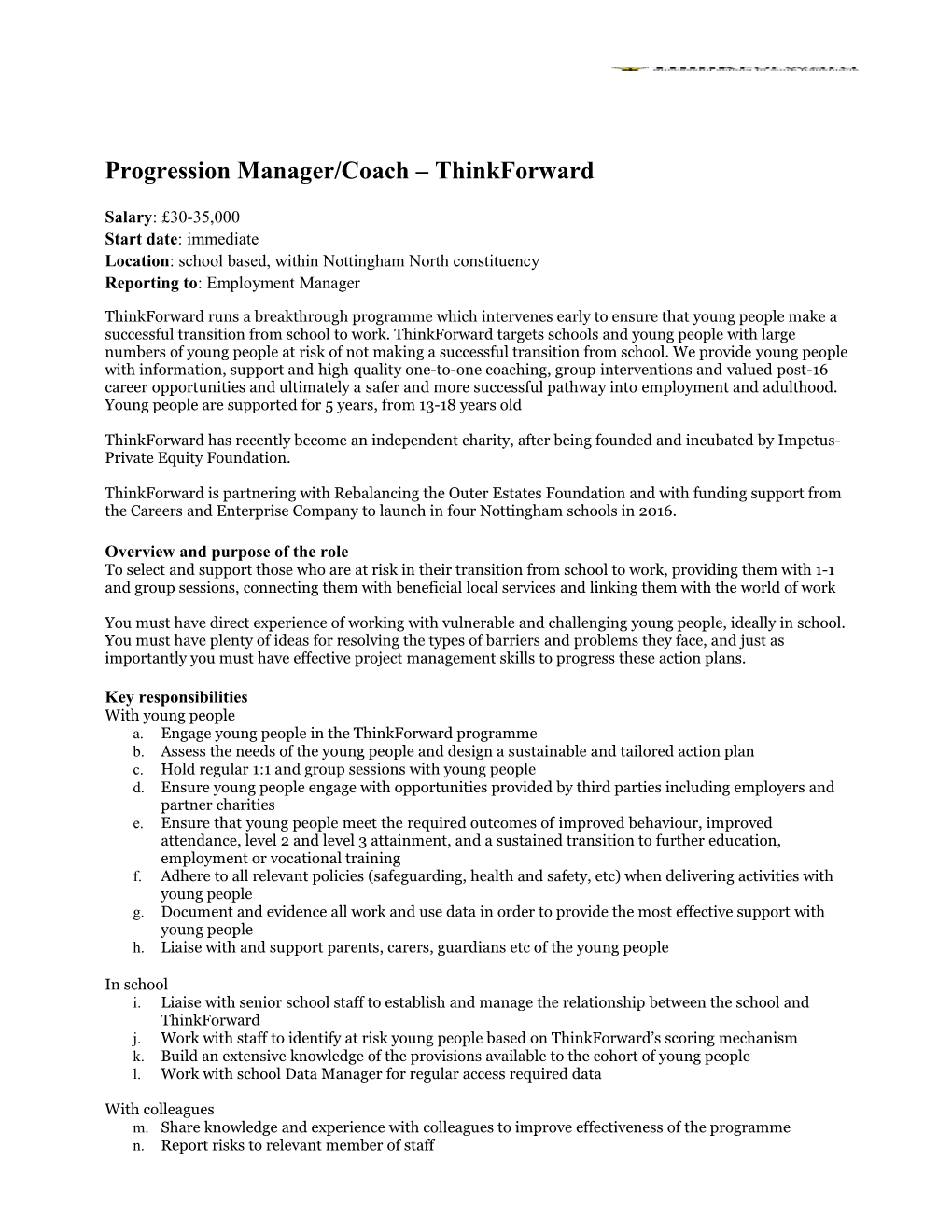 Progression Manager/Coach Thinkforward
