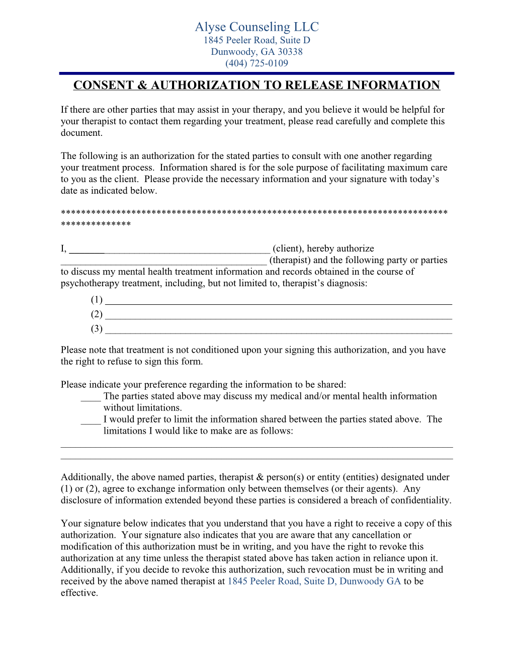 Release of Information Form