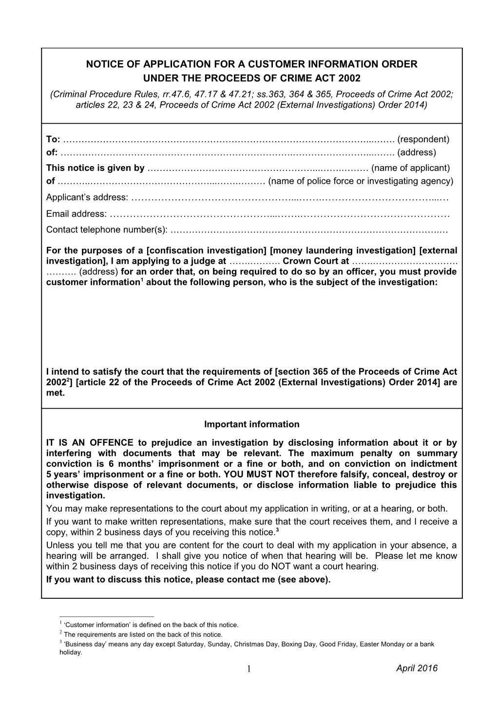 Notice of Application for a Customer Information Order