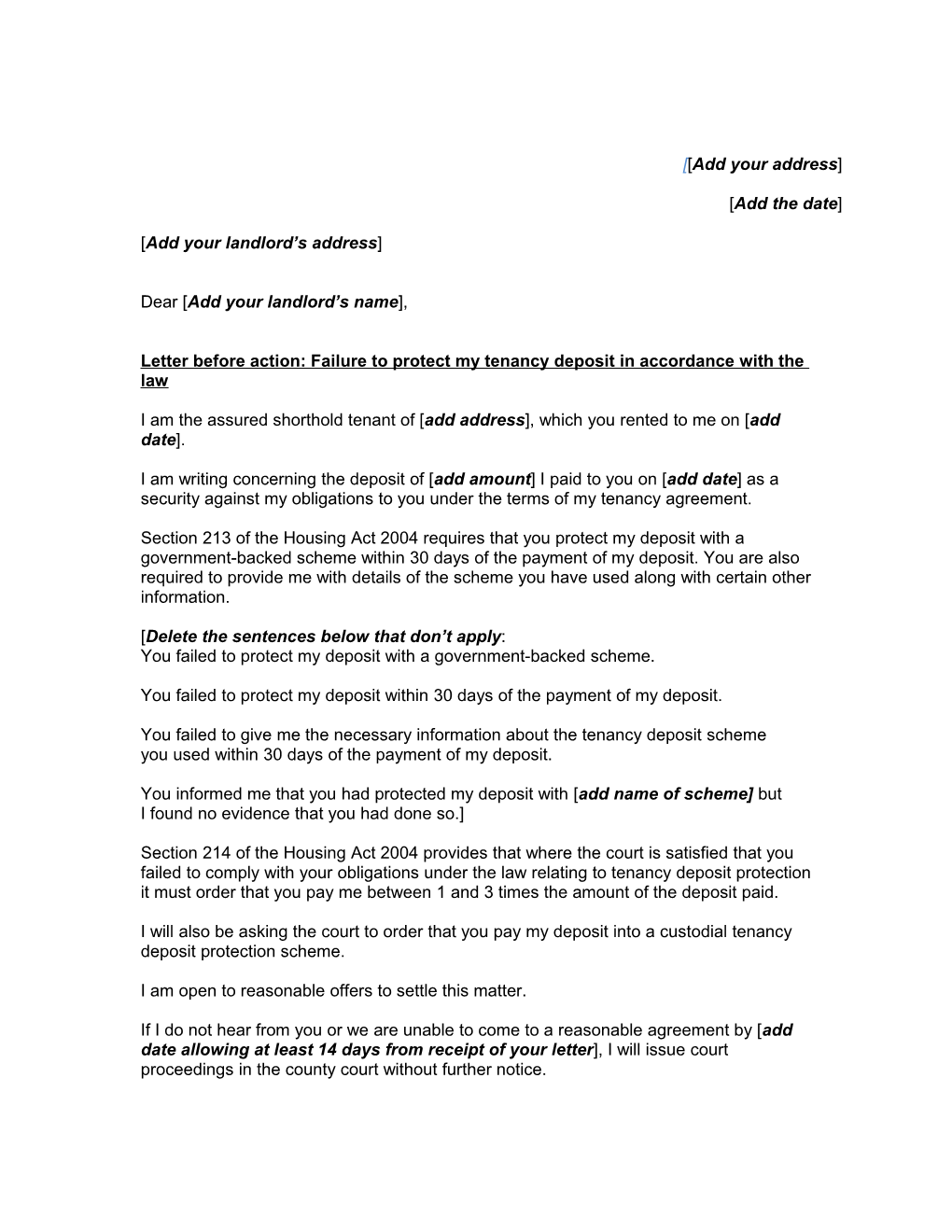 Letter Before Action: Failure to Protect My Tenancy Deposit in Accordance with the Law