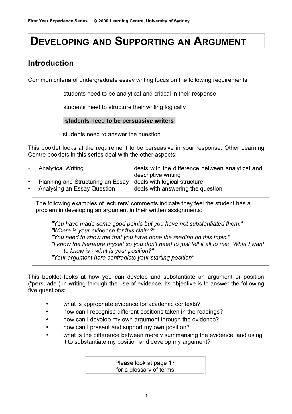 First Year Experience Series 2000 Learning Centre, University of Sydney