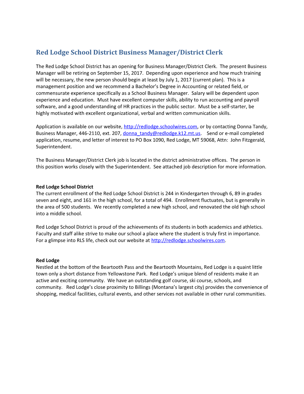 Red Lodge School District Business Manager/District Clerk