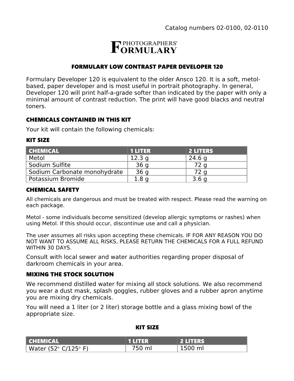 Formulary Low Contrast Paper Developer 120