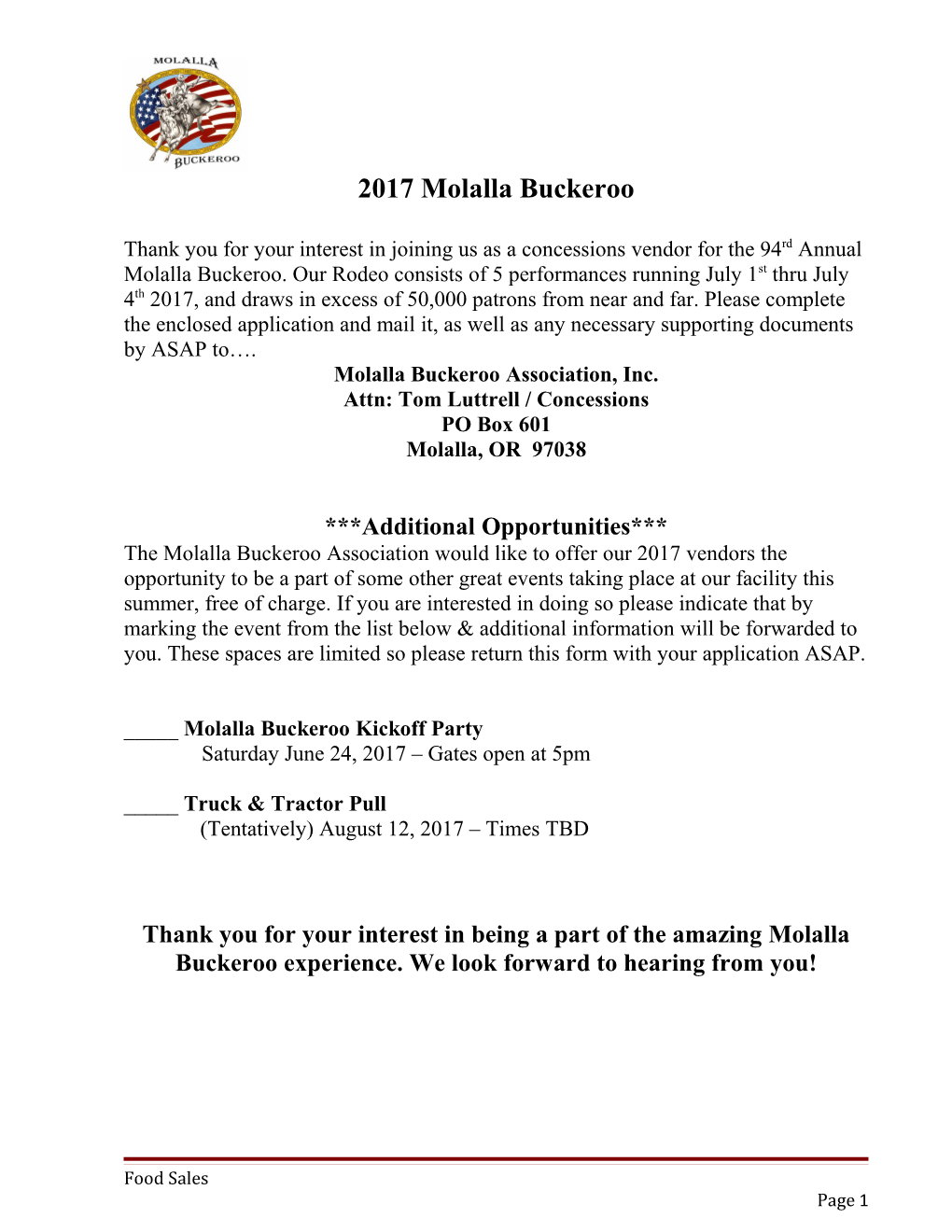 Molalla Buckeroo Association Concession Agreement