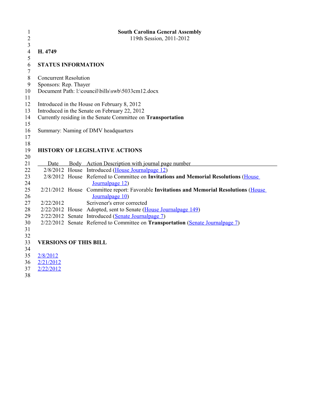 2011-2012 Bill 4749: Naming of DMV Headquarters - South Carolina Legislature Online