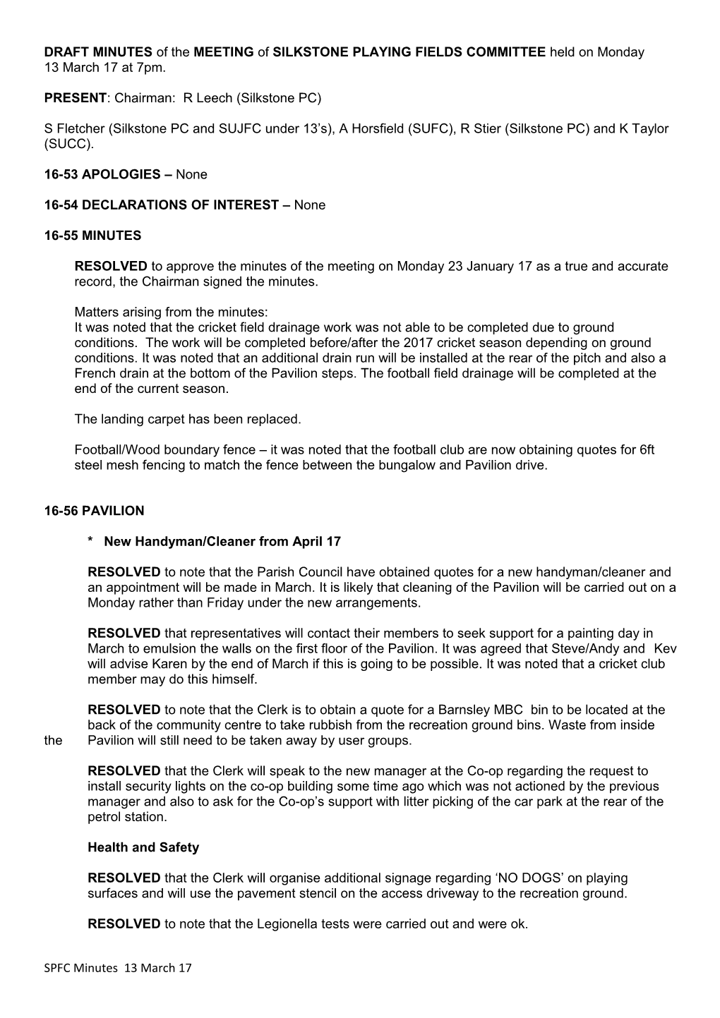 MINUTES of the MEETING of SILKSTONE PLAYING FIELDS COMMITTEE Held on Monday 20 September