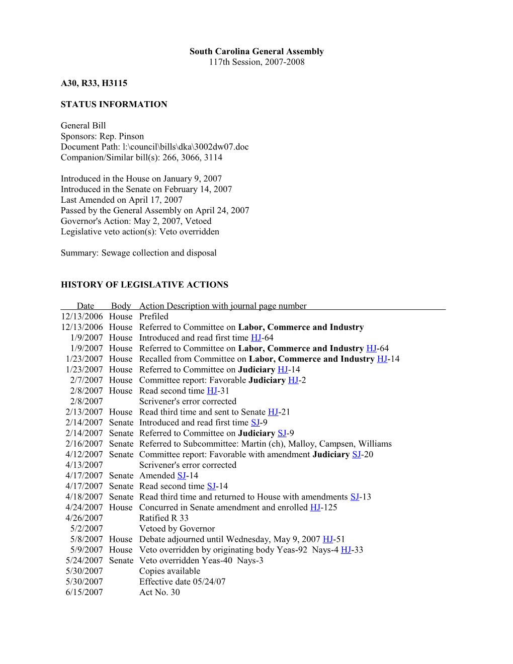 2007-2008 Bill 3115: Sewage Collection and Disposal - South Carolina Legislature Online